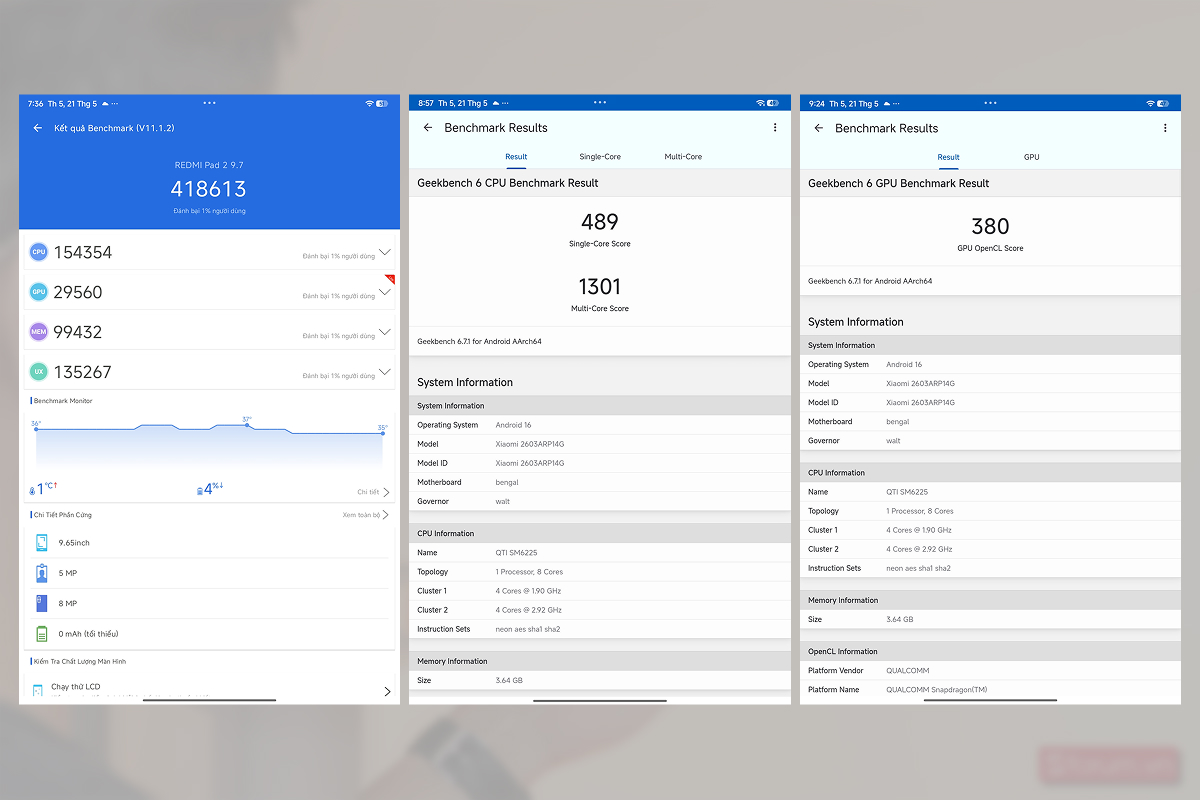 Điểm Antutu và Geekbench 6 trên Xiaomi Redmi Pad 2 9.7