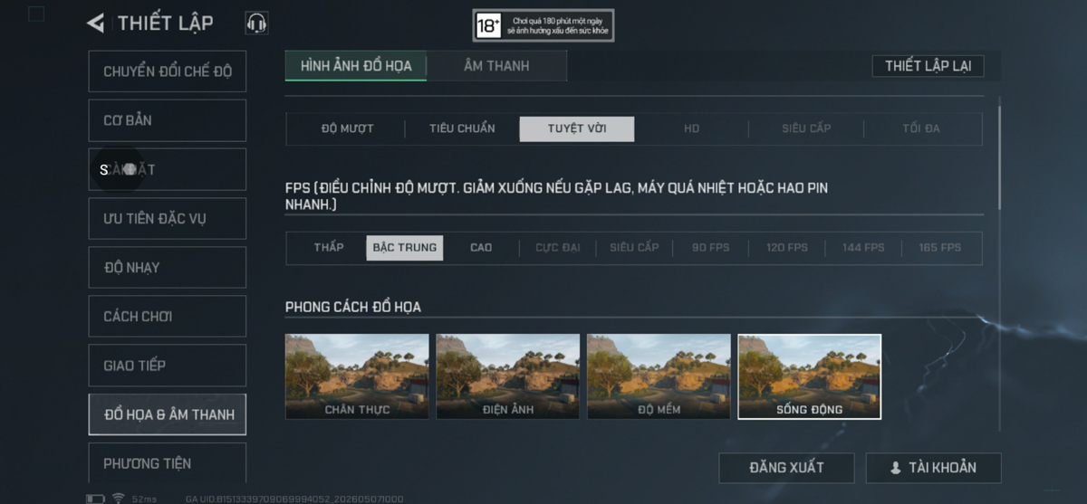 Mức settings Delta Force để đánh giá hiệu năng ZTE Nubia Neo 5 5G