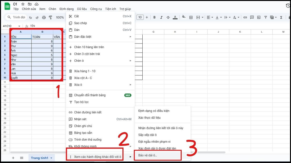 Cách khóa, ẩn công thức trong Google Sheet Bước 1, 2