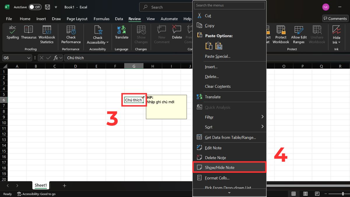Cách ẩn và hiện ghi chú trong Excel bằng chuột bước 3