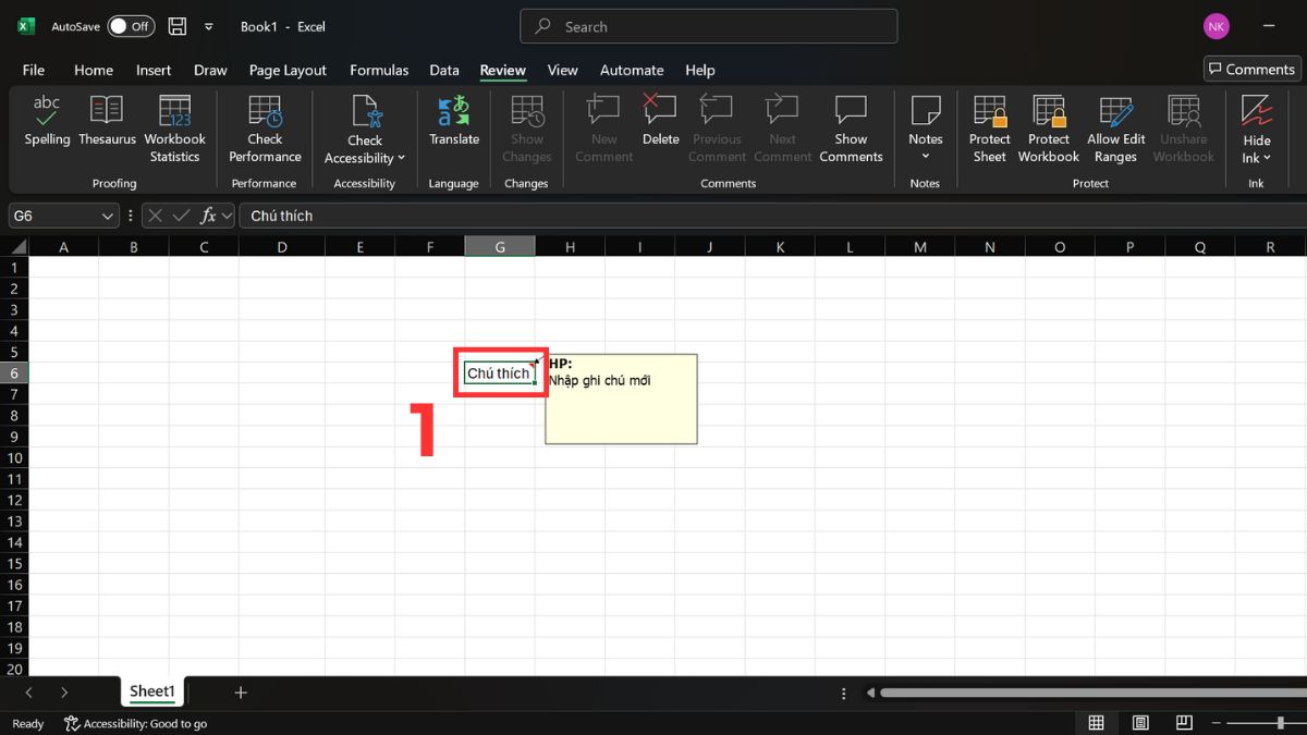 Cách ẩn và hiện ghi chú trong Excel bằng thanh Ribbon bước 1