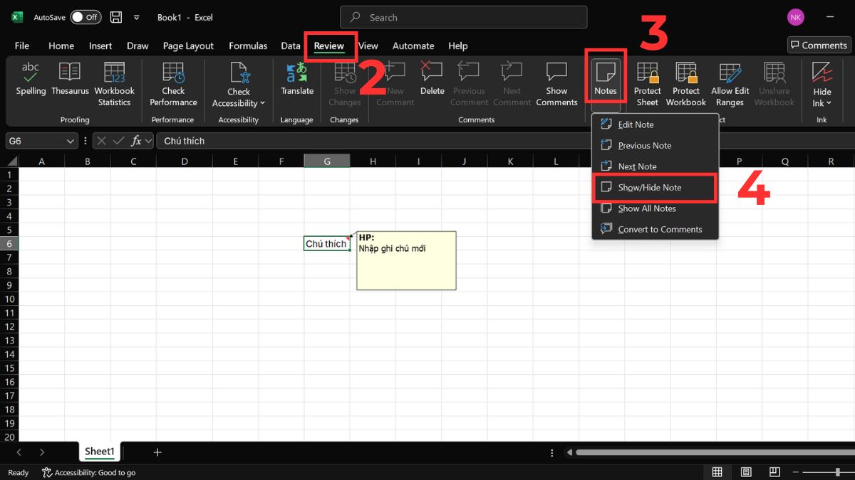 Cách ẩn và hiện ghi chú trong Excel bằng thanh Ribbon bước 2
