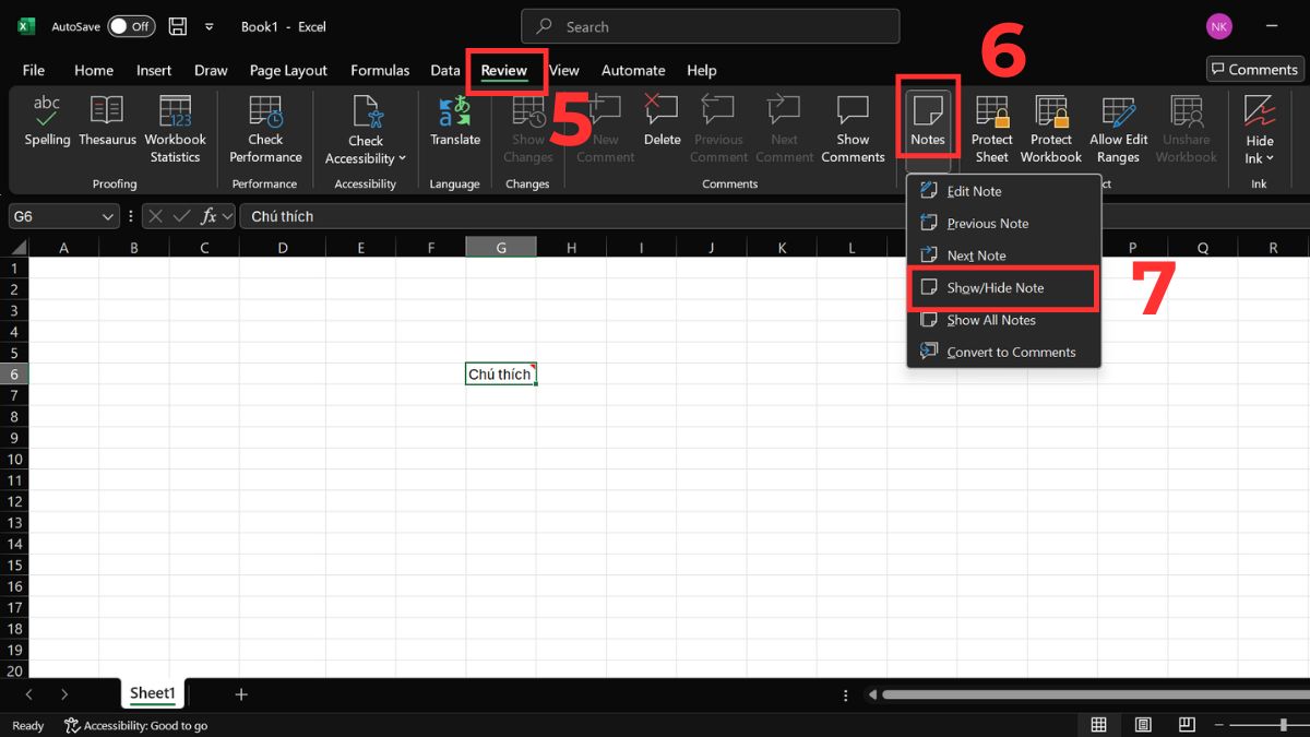 Cách ẩn và hiện ghi chú trong Excel bằng thanh Ribbon bước 3