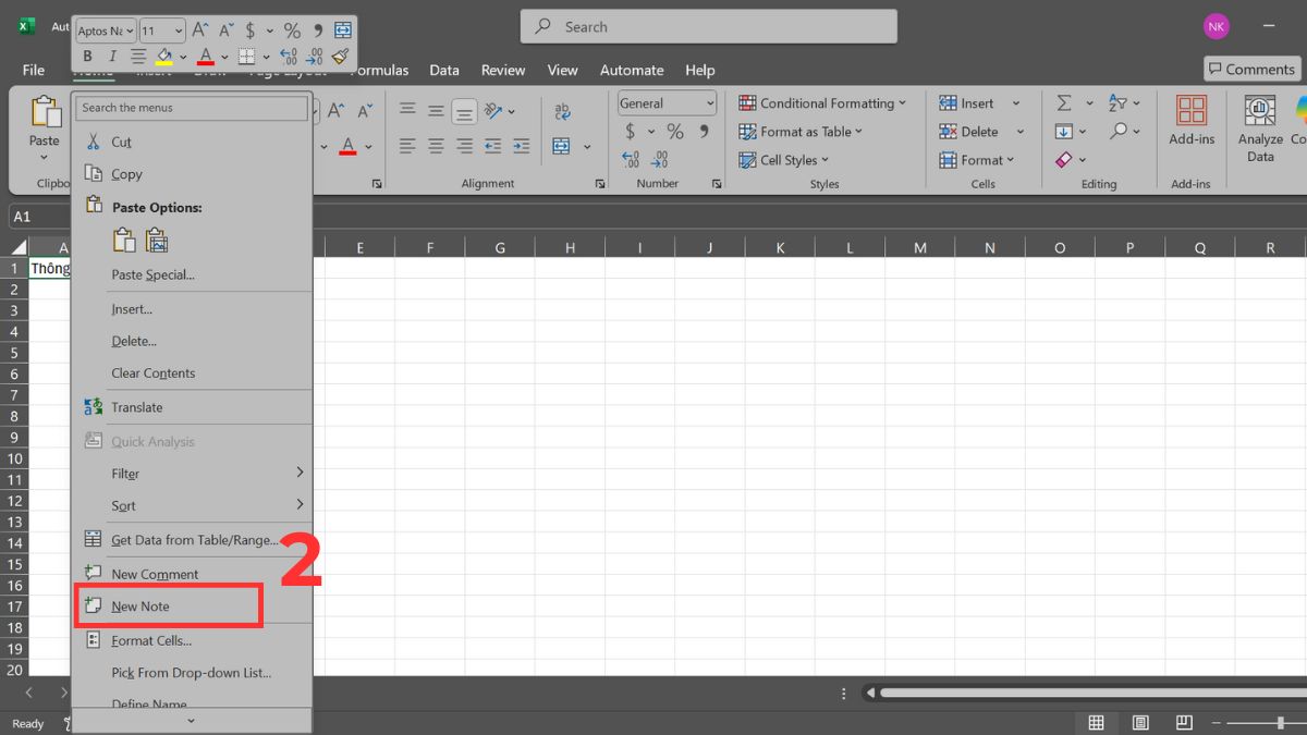 Cách tạo ghi chú trong Excel bằng chuột bước 2