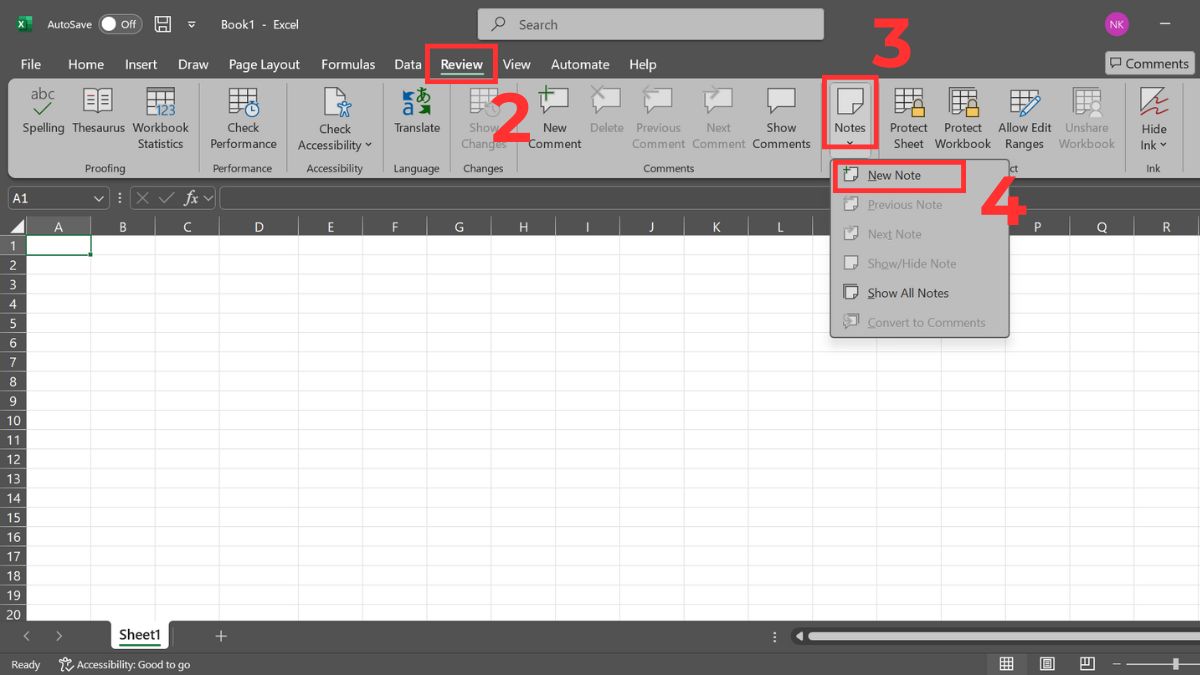 Cách tạo ghi chú trong Excel bằng thanh Ribbon bước 2