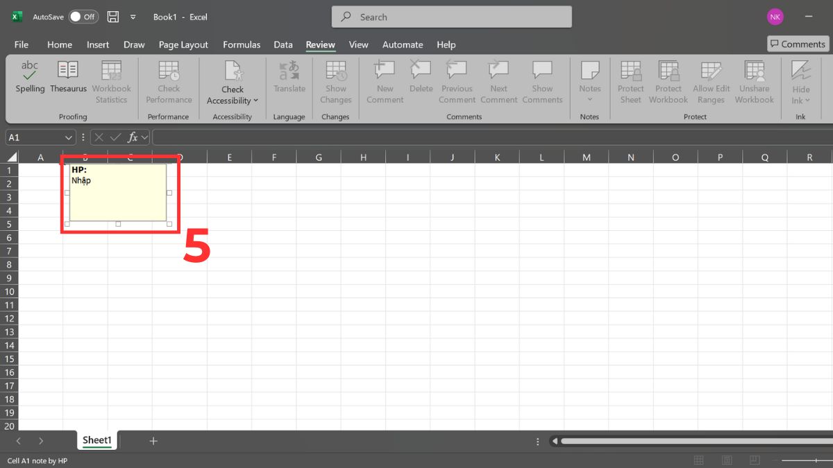 Cách tạo ghi chú trong Excel bằng thanh Ribbon bước 3