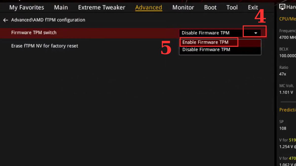 Cách bật TPM 2.0 trên main ASUS dùng CPU AMD Bước 3