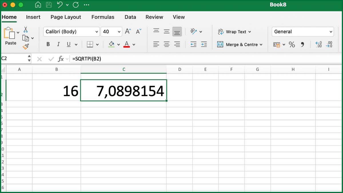 Tính căn bậc 2 trong Excel cho số Pi 