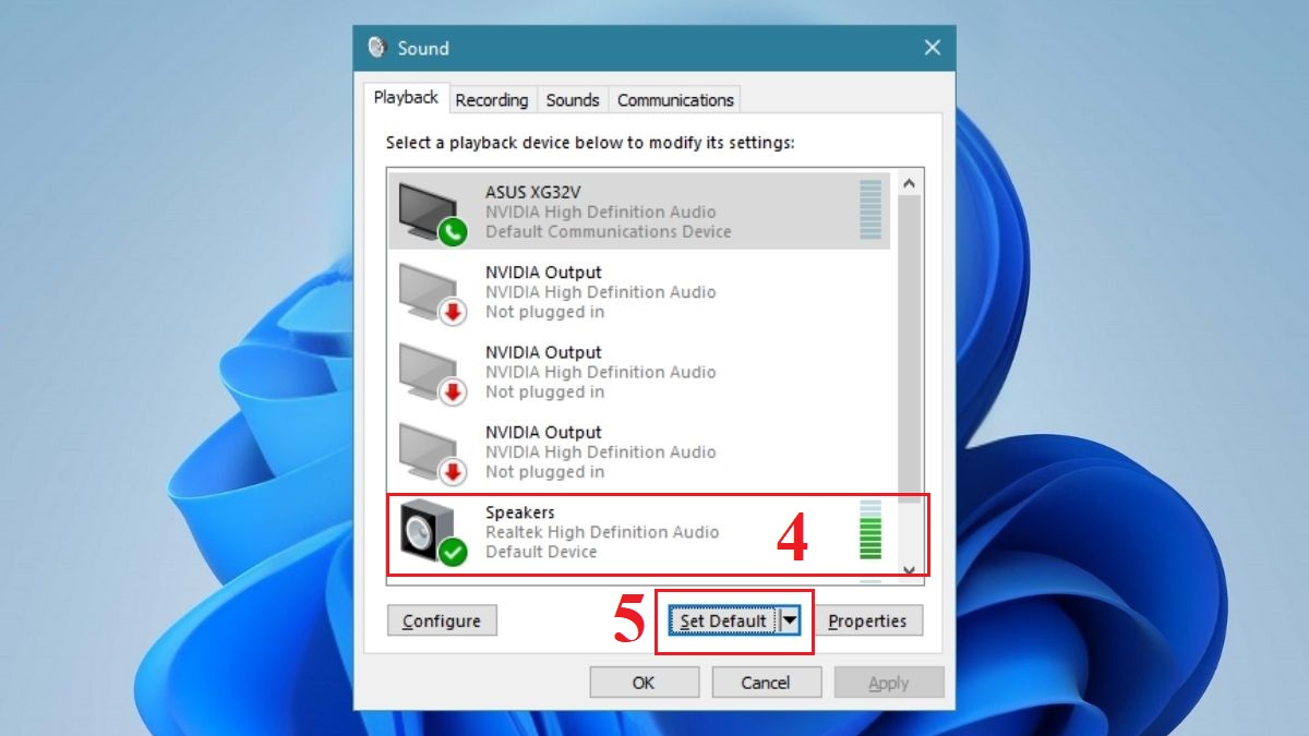 Chọn lại thiết bị phát âm thanh trong Playback Devices bước 3