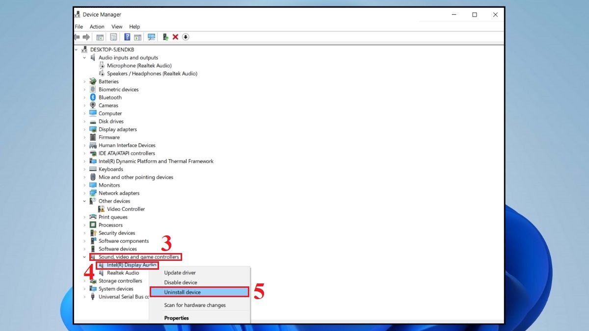 Gỡ cài đặt Driver âm thanh bị lỗi và cài lại bước 2