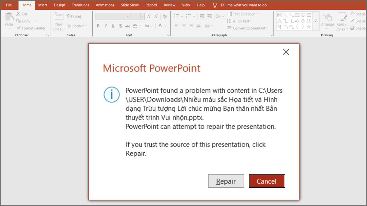 Mở file PowerPoint bị lỗi repair là sự cố bảo mật