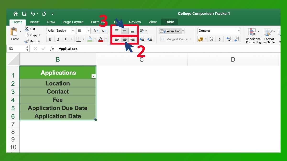Canh đều trong excel theo chiều ngang và dọc Bước 3