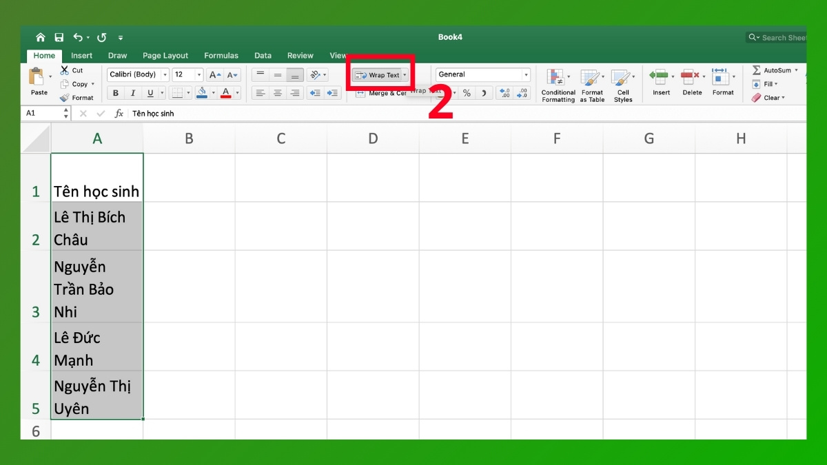 Canh đều trong excel bằng Wrap Text và Merge & Center Bước 2