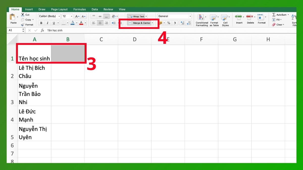 Canh đều trong excel bằng Wrap Text và Merge & Center Bước 3