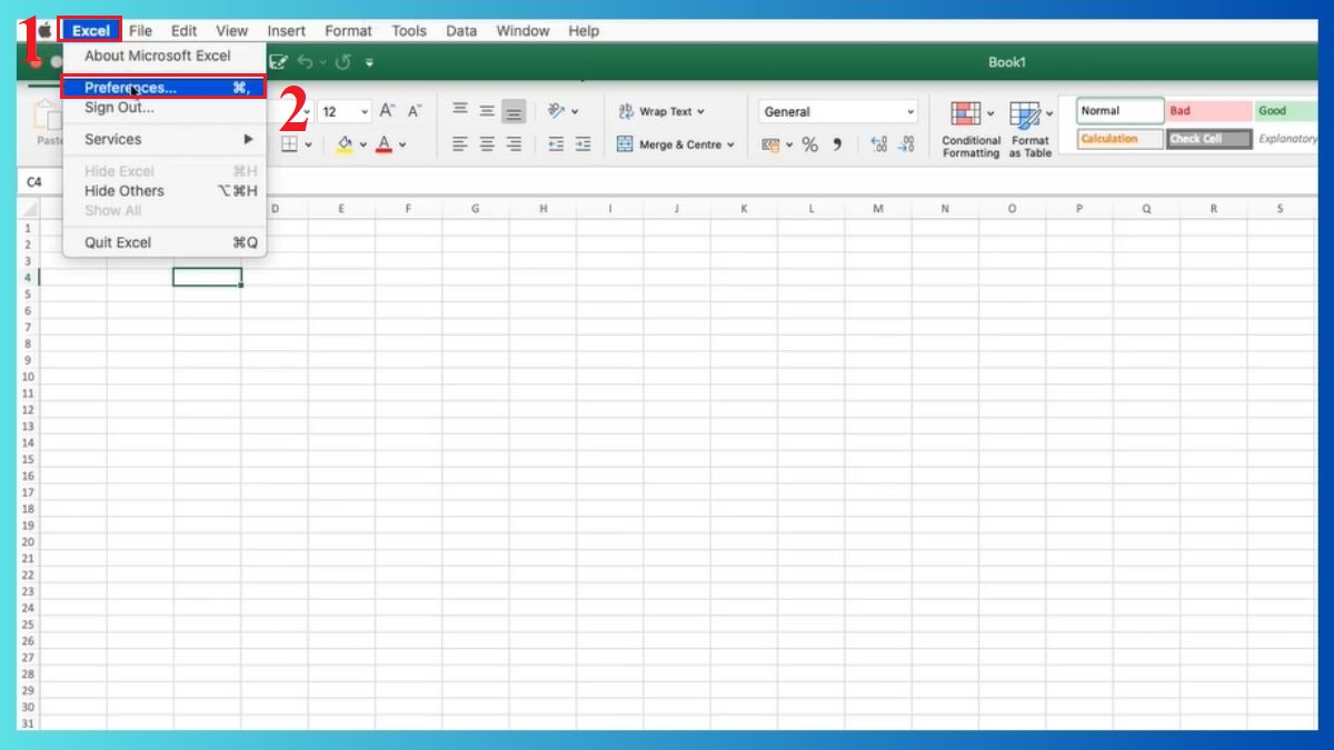 Cách cài đặt font chữ mặc định cho Excel trên Mac Bước 1