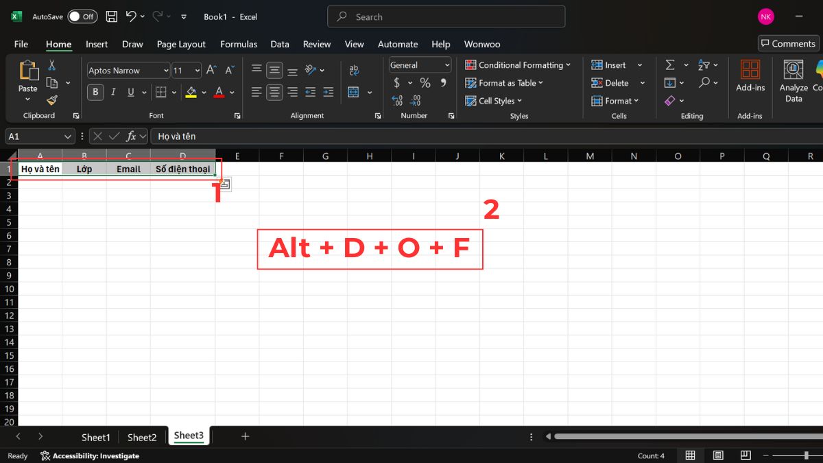 Cách mở nhanh form nhập dữ liệu trong Excel Bước 1