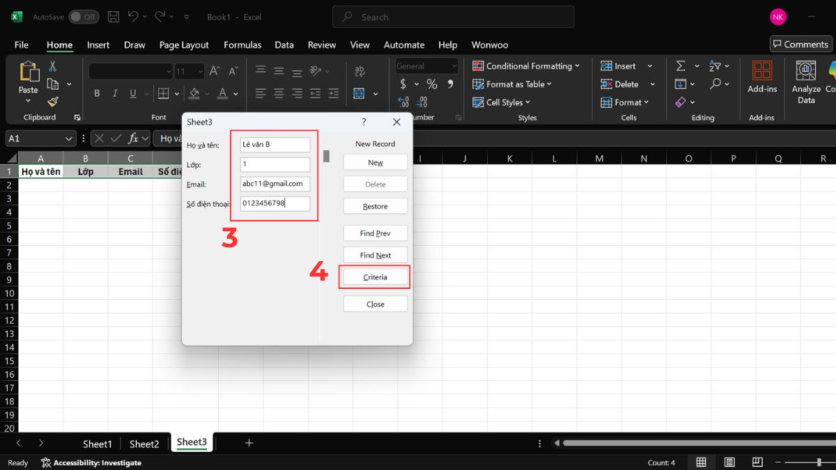 Cách mở nhanh form nhập dữ liệu trong Excel Bước 2