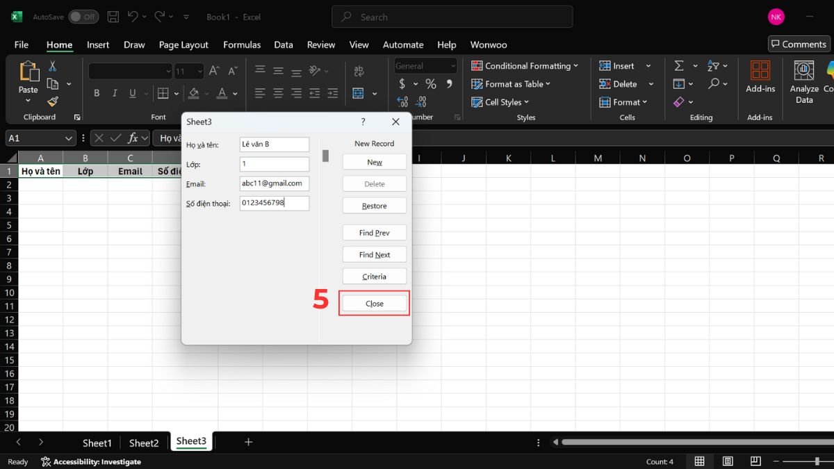 Cách mở nhanh form nhập dữ liệu trong Excel Bước 3