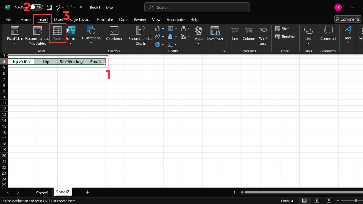 Cách nhập dữ liệu trong excel bằng form tự tạo: Chuẩn bị dữ liệu Bước 1