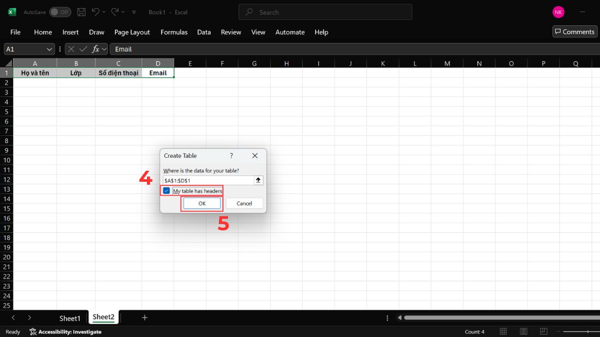 Cách nhập dữ liệu trong excel bằng form tự tạo: Chuẩn bị dữ liệu Bước 2