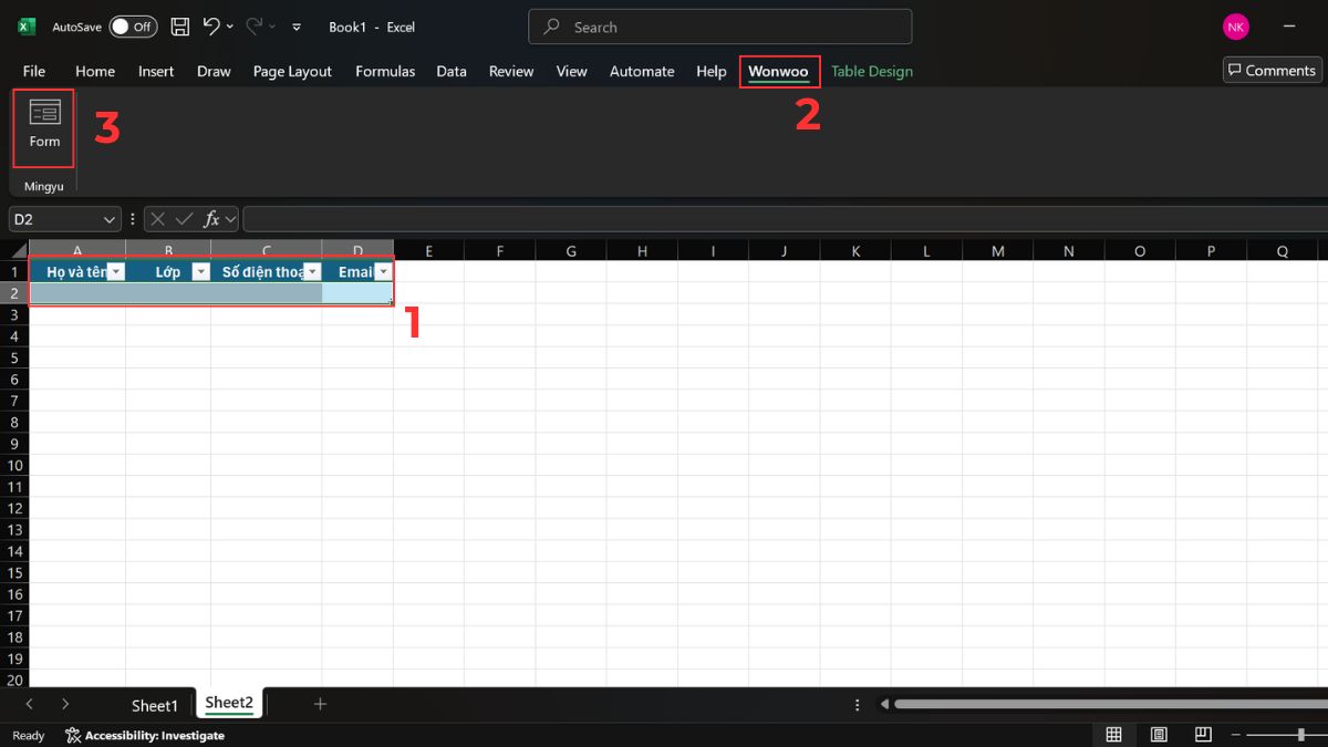 Cách nhập dữ liệu trong excel bằng form tự tạo Bước 1