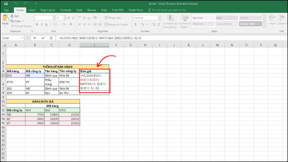 Cách tính đơn giá trong Excel bằng hàm VLOOKUP và MATCH