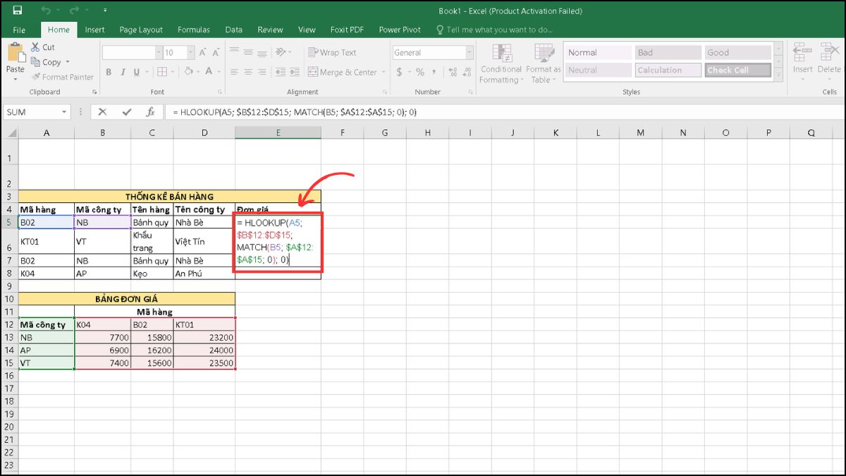 Cách tính đơn giá trong Excel bằng hàm HLOOKUP và MATCH
