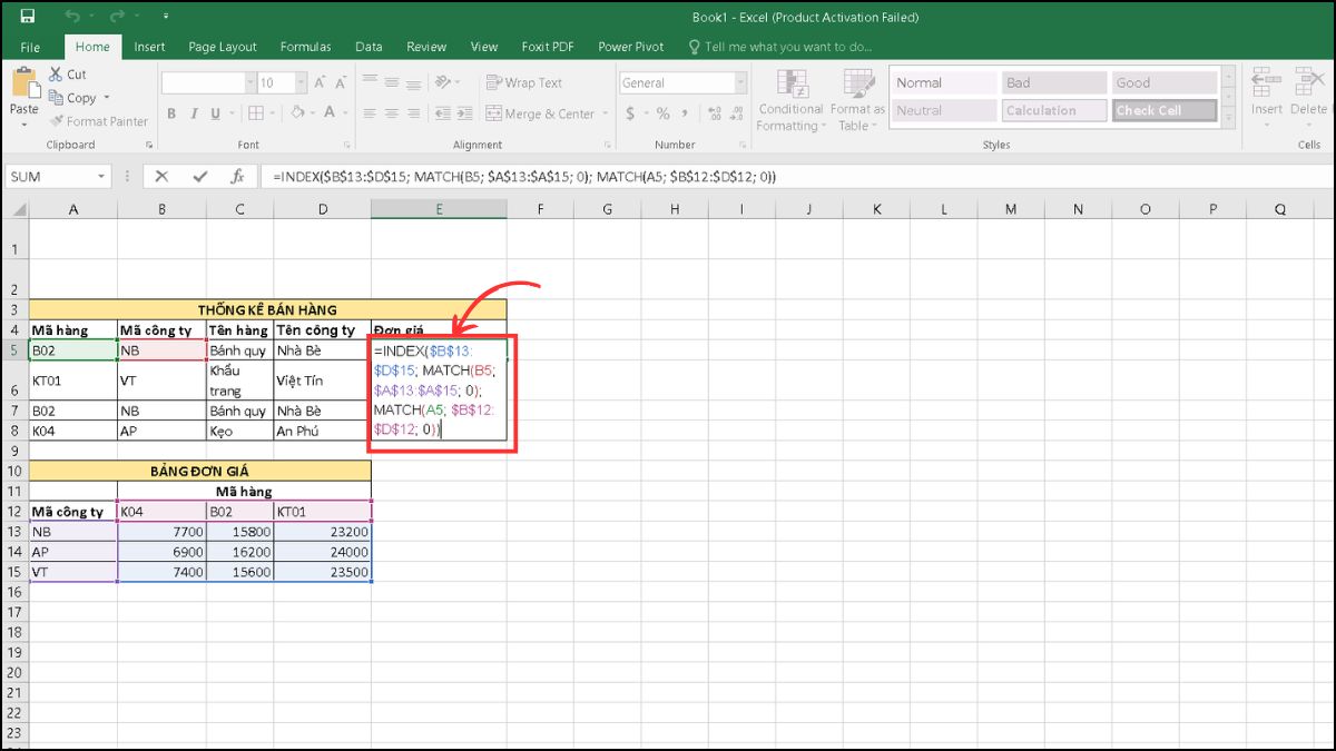Cách tính đơn giá trong Excel bằng hàm INDEX và MATCH
