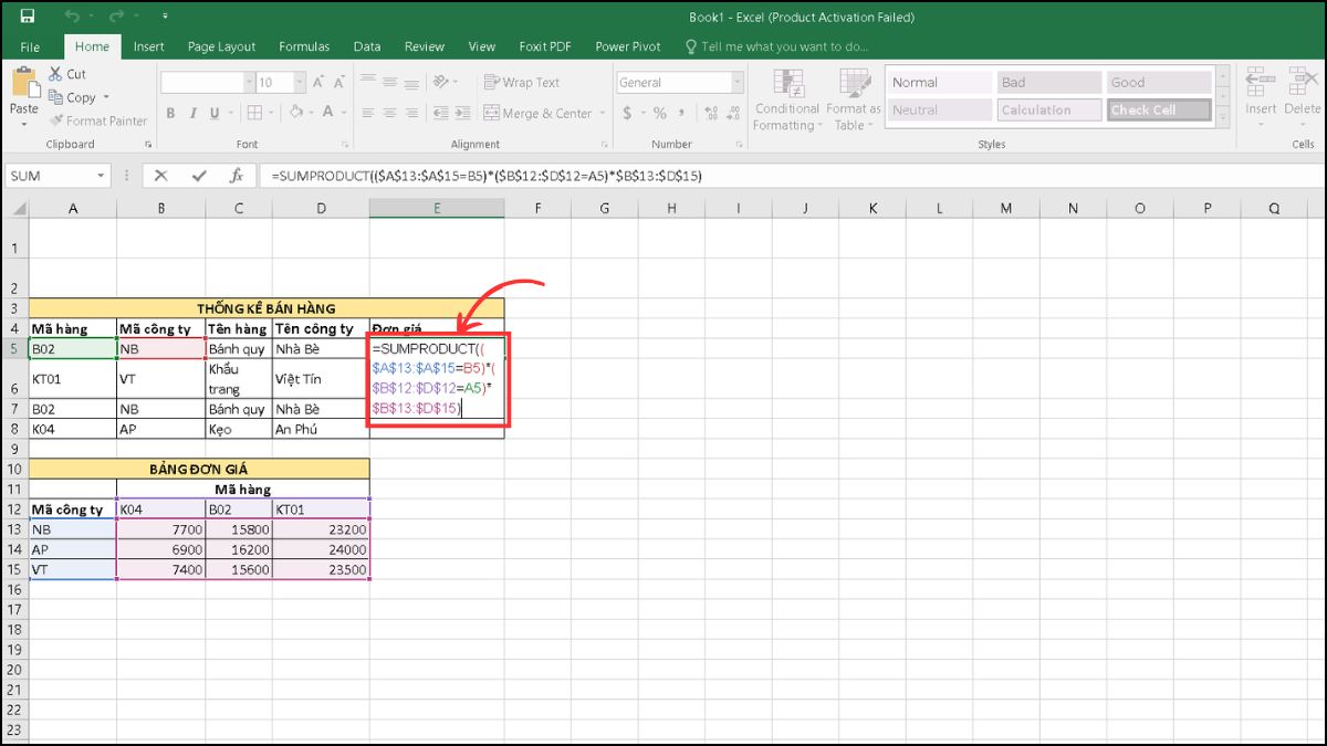 Cách tính đơn giá trong Excel bằng hàm SUMPRODUCT