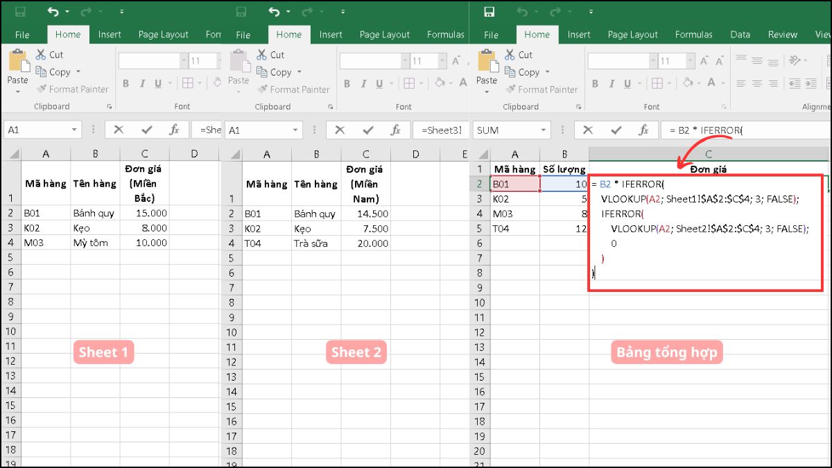 Cách tính đơn giá trong Excel cho nhiều sheet