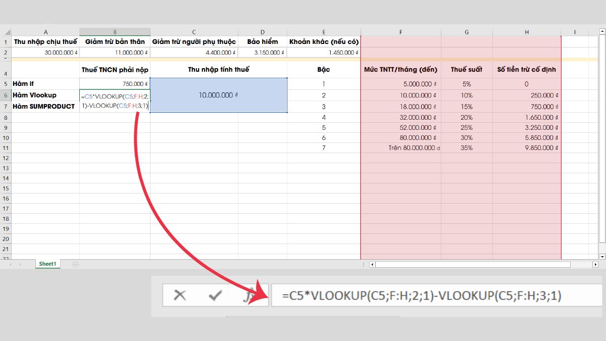 Công thức tính thuế TNCN bằng hàm VLOOKUP