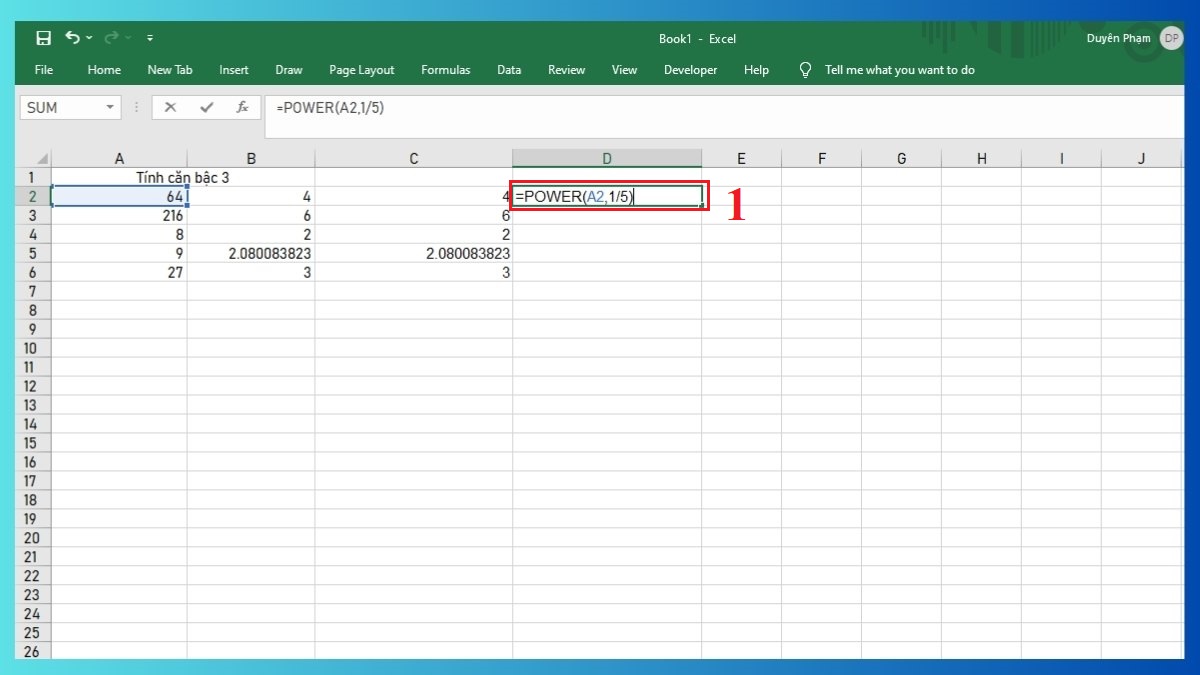 Cách tính căn bậc n trong Excel Bước 1