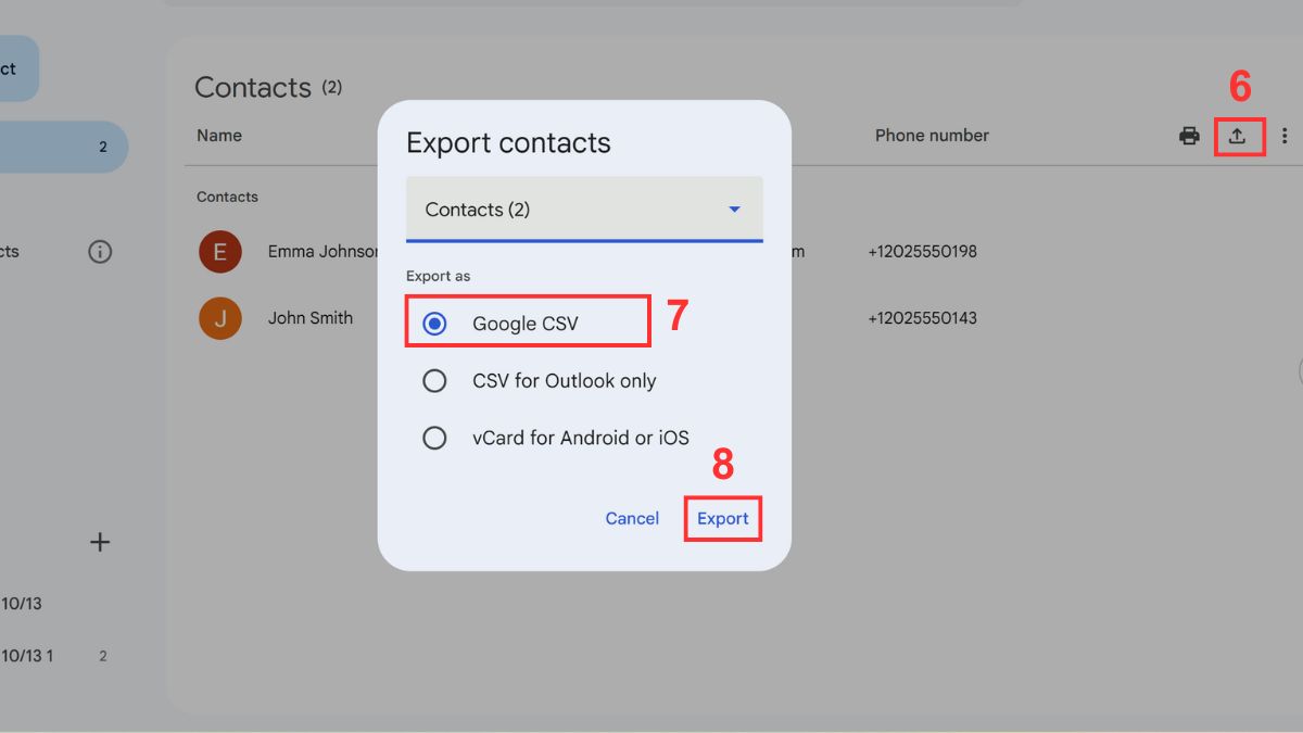 Chuyển file VCF sang Excel dùng Google Contacts Bước 2