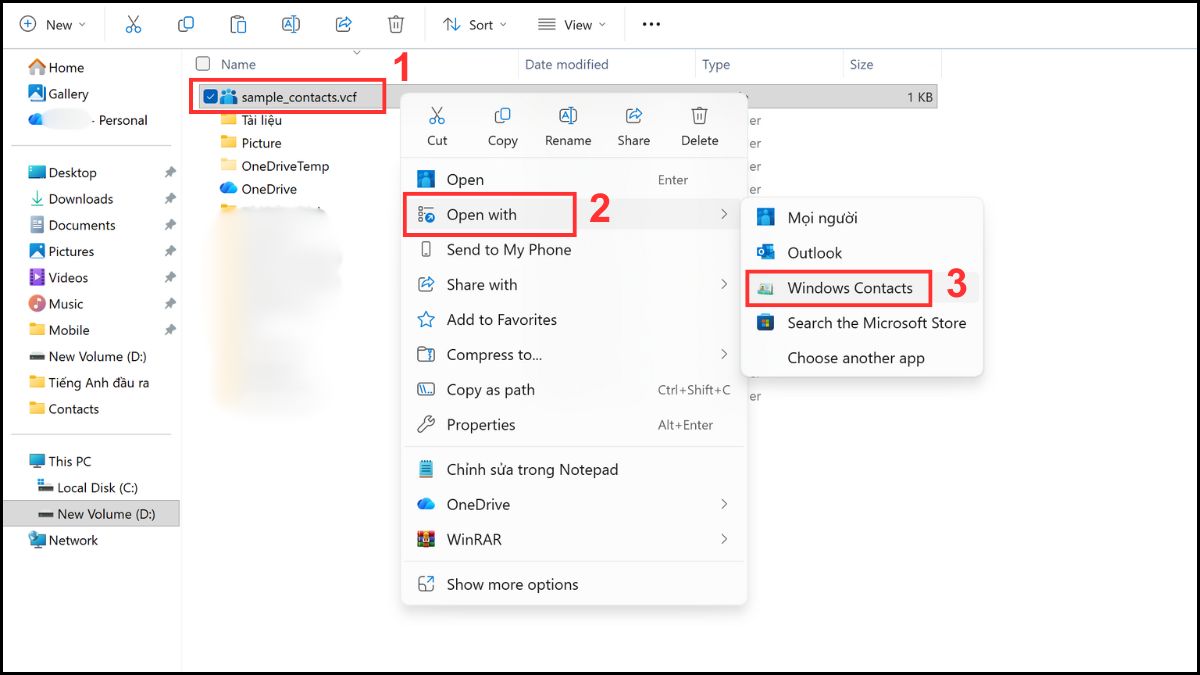 Chuyển file VCF sang Excel dùng Windows Contacts Bước 1