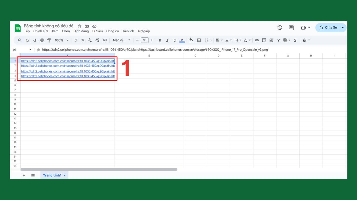 Hàm IMAGE trong Google Sheet chèn nhiều ảnh cùng lúc Bước 1