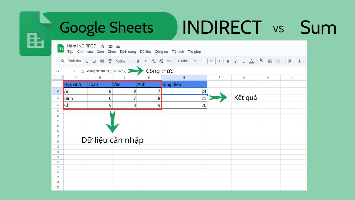 Kết hợp hàm INDIRECT với hàm Sum