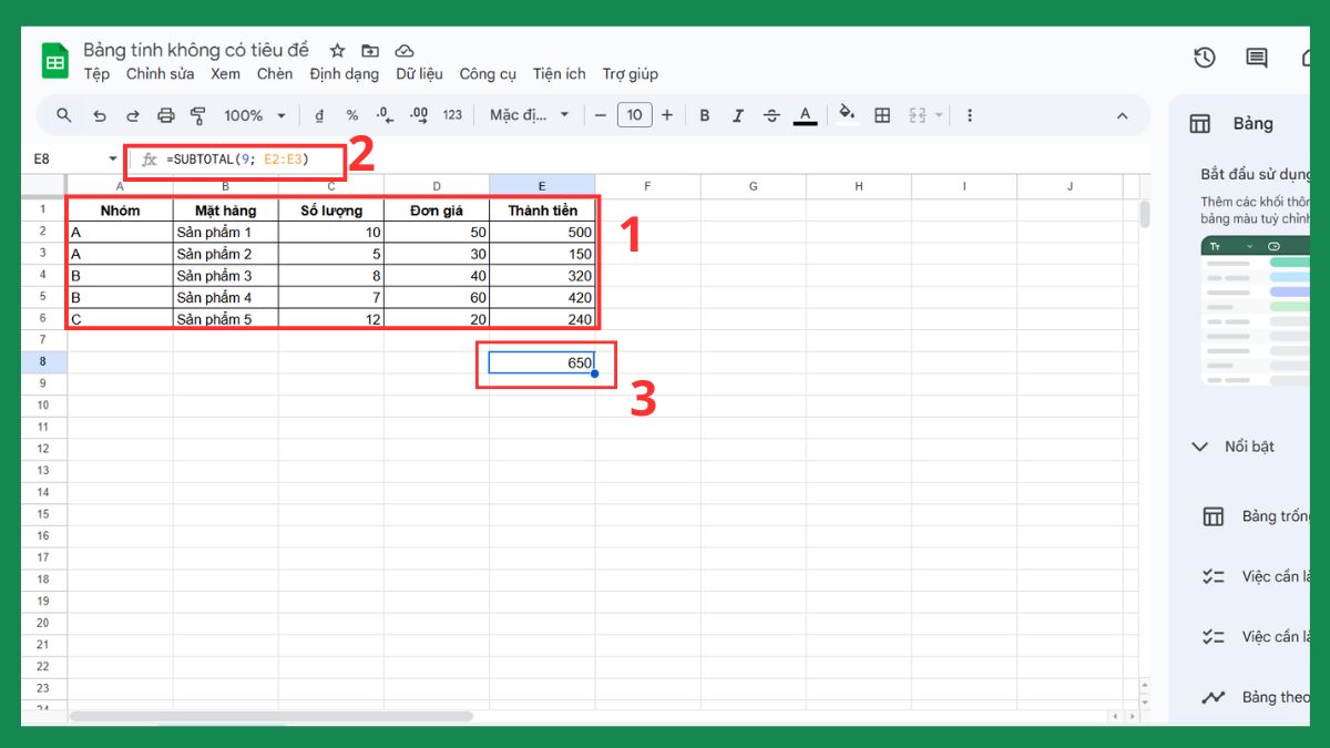 Hàm SUBTOTAL trong Google Sheet để tạo tổng phụ