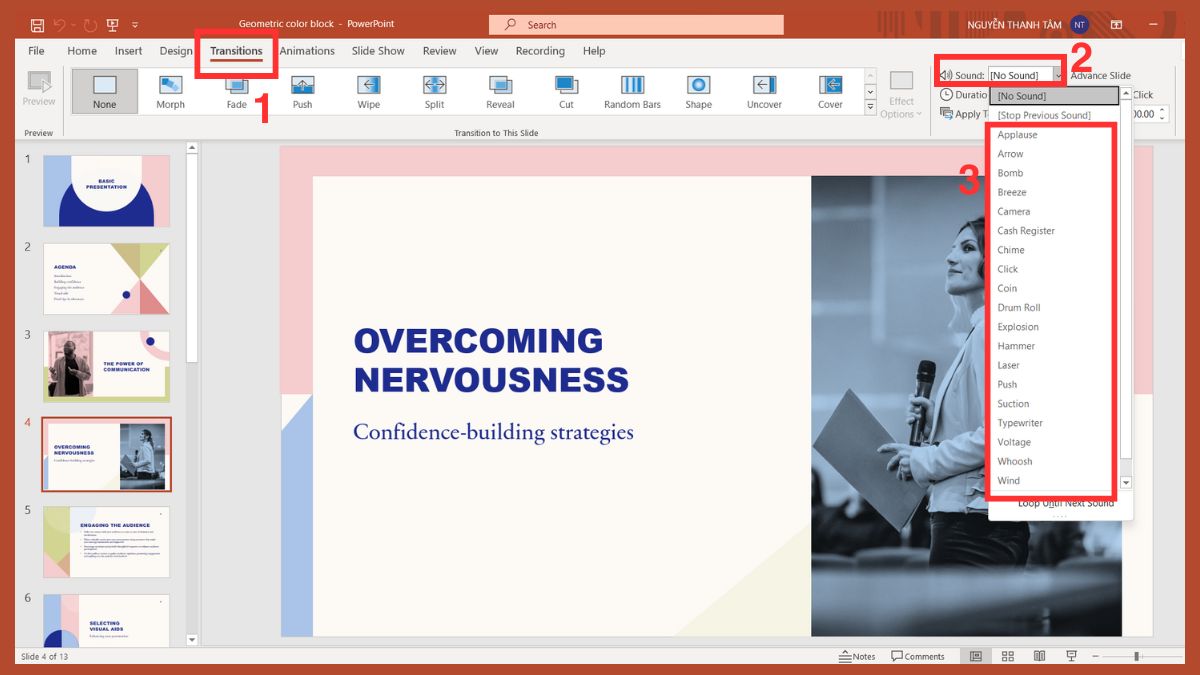 Cách chèn hiệu ứng âm thanh khi chuyển slide Bước 1