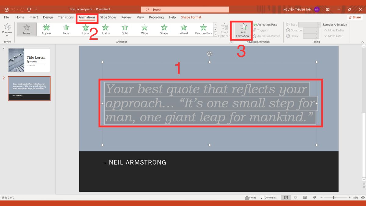 Hiệu ứng đổi màu chữ trong PowerPoint bằng Animation Bước 1