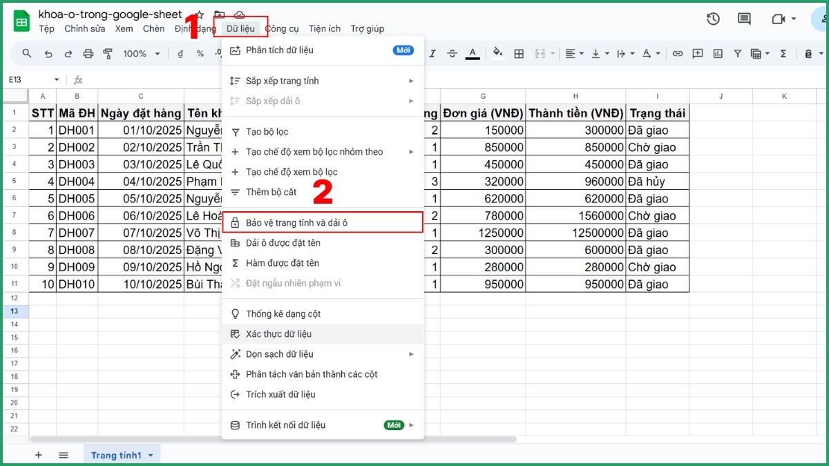 Cách mở khóa ô sau khi khóa ô trong Google Sheet Bước 1