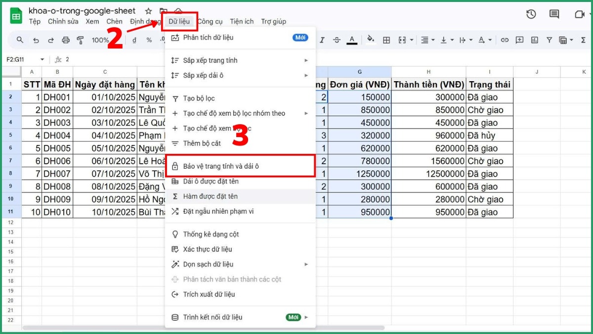Cách khóa ô trong Google Sheet Bước 2