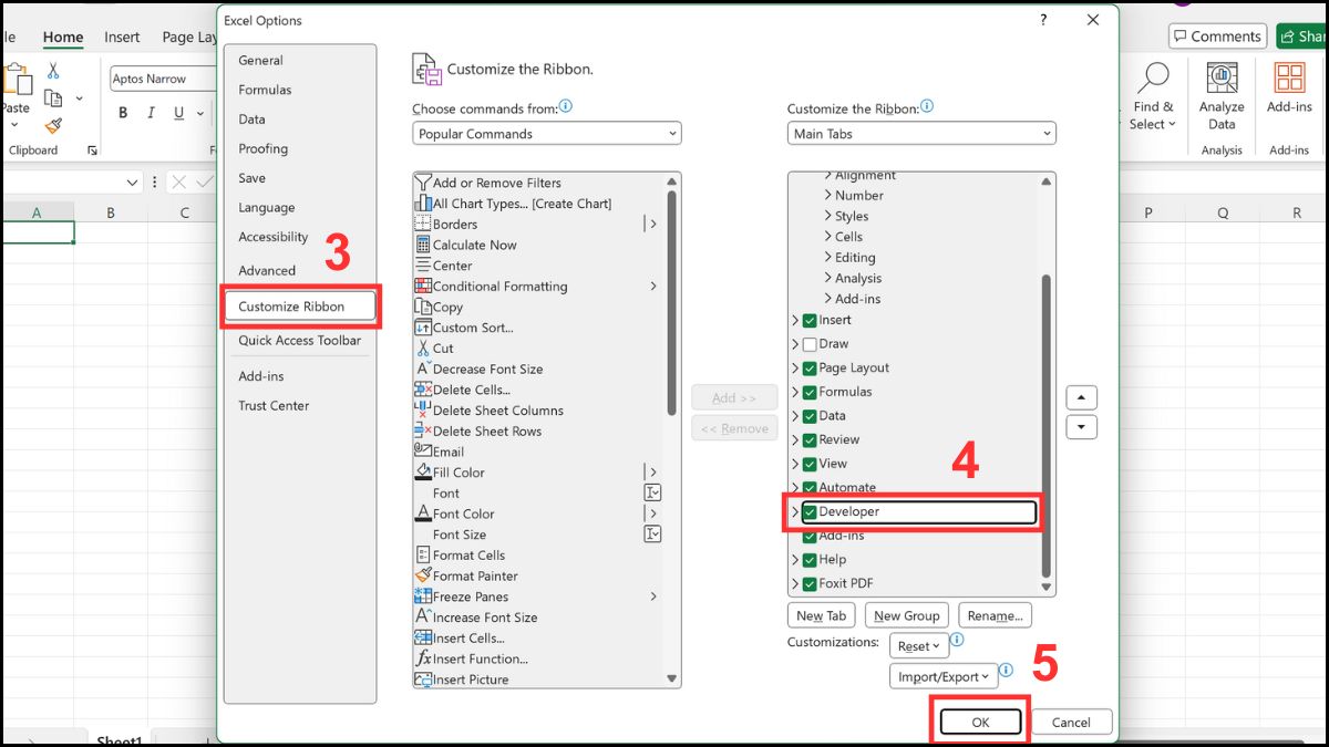 Cách mở Developer trong Excel phiên bản mới bước 3