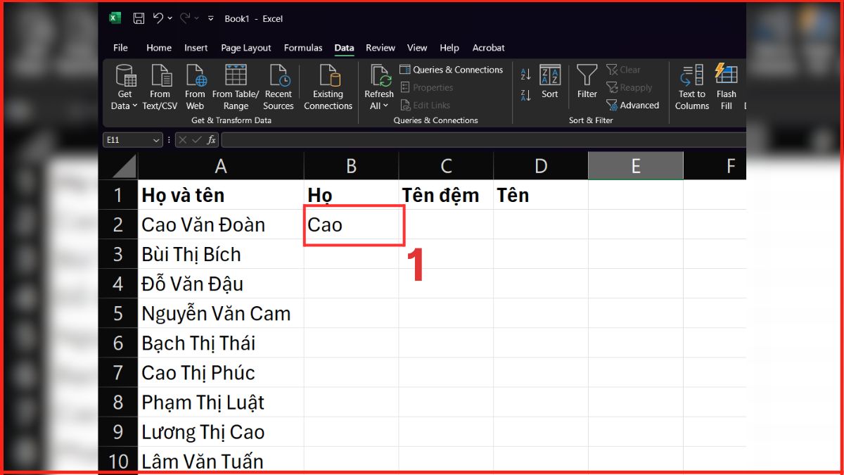 Cách tách ô trong Excel bằng Flash Fill Bước 1