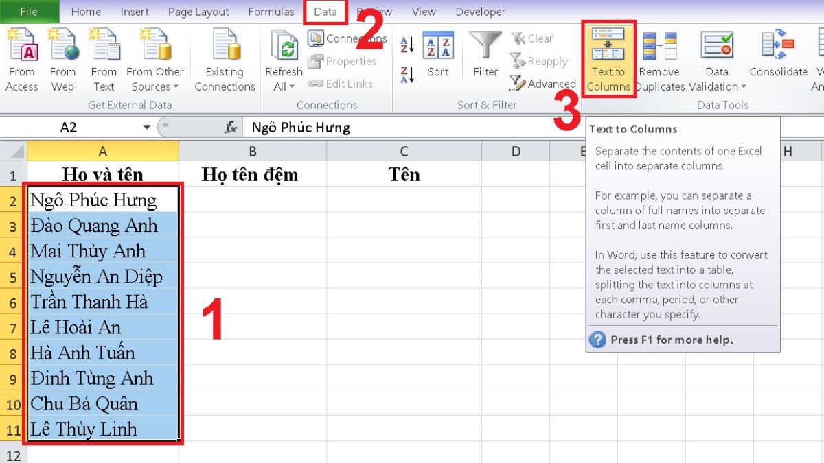Cách tách ô trong Excel bằng Text to Columns Bước 1