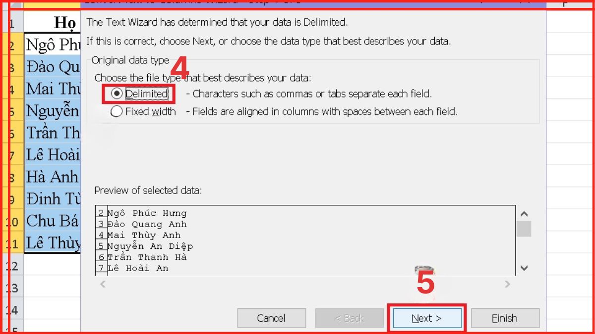 Cách tách ô trong Excel bằng Text to Columns Bước 2