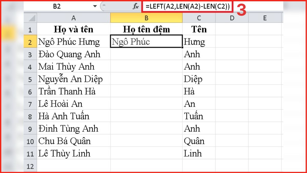 Cách tách ô trong Excel bằng hàm Bước 3