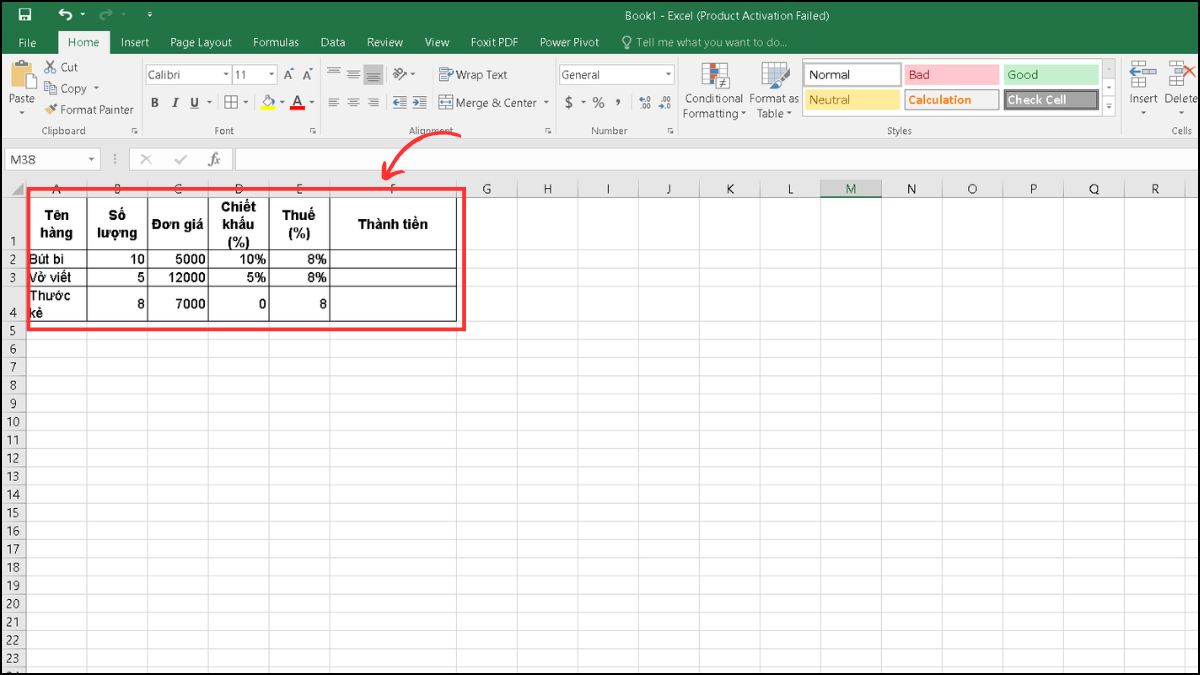 Chuẩn bị bảng dữ liệu cách tính thành tiền trong Excel