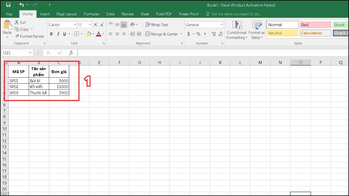 Cách tính thành tiền trong excel theo mã sản phẩm bằng hàm INDEX + MATCH Bước 1