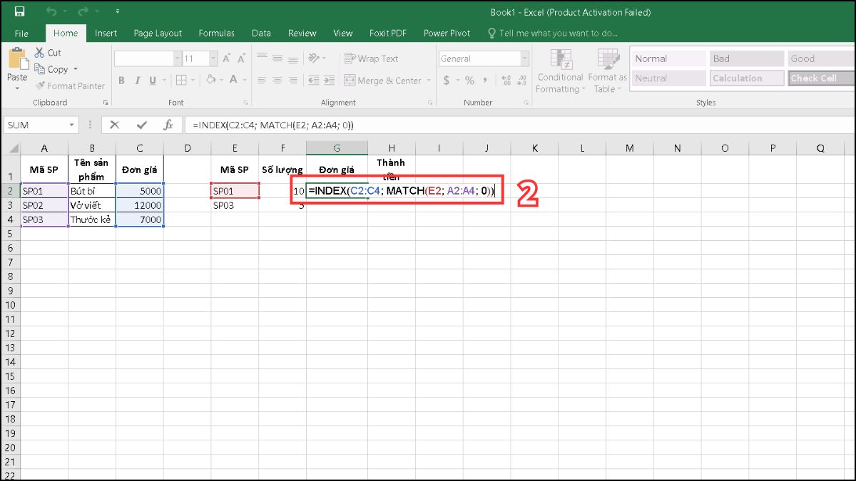 Cách tính thành tiền trong Excel theo mã sản phẩm bằng hàm INDEX + MATCH Bước 2