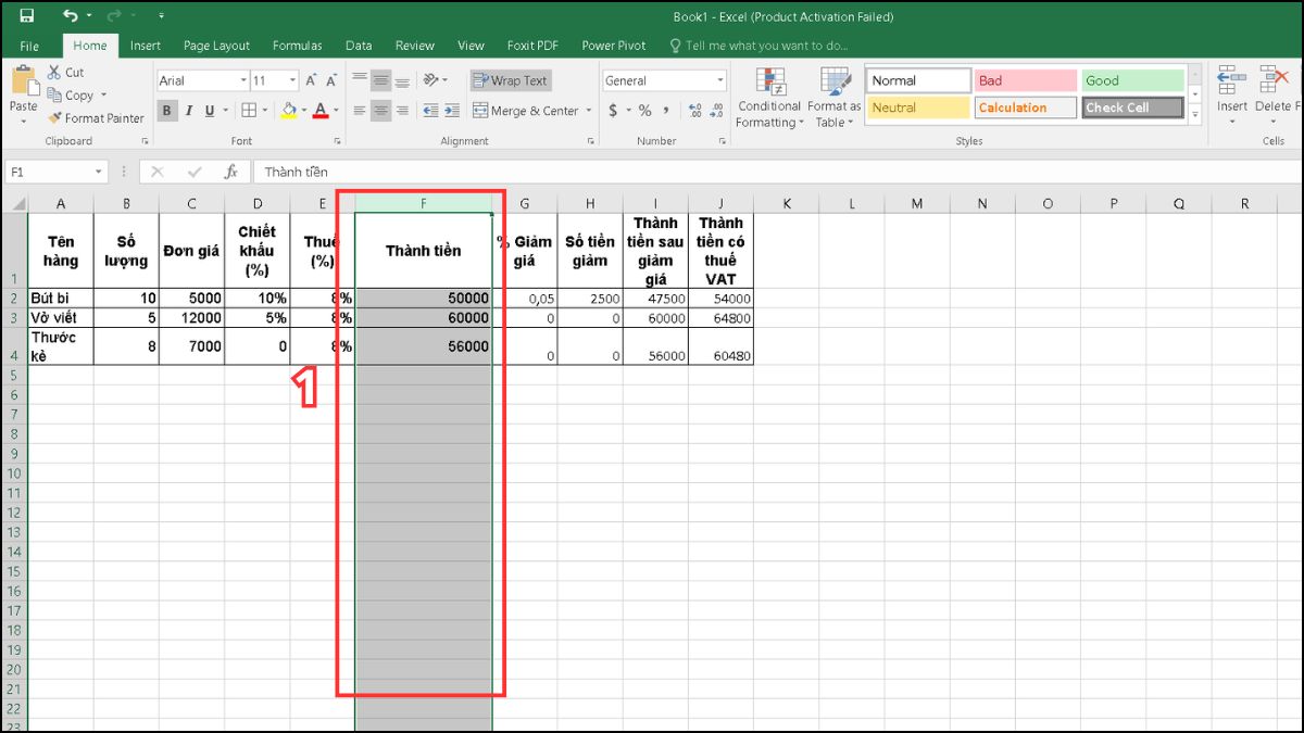Định dạng thành tiền trong cách tính thành tiền trong excel Bước 1